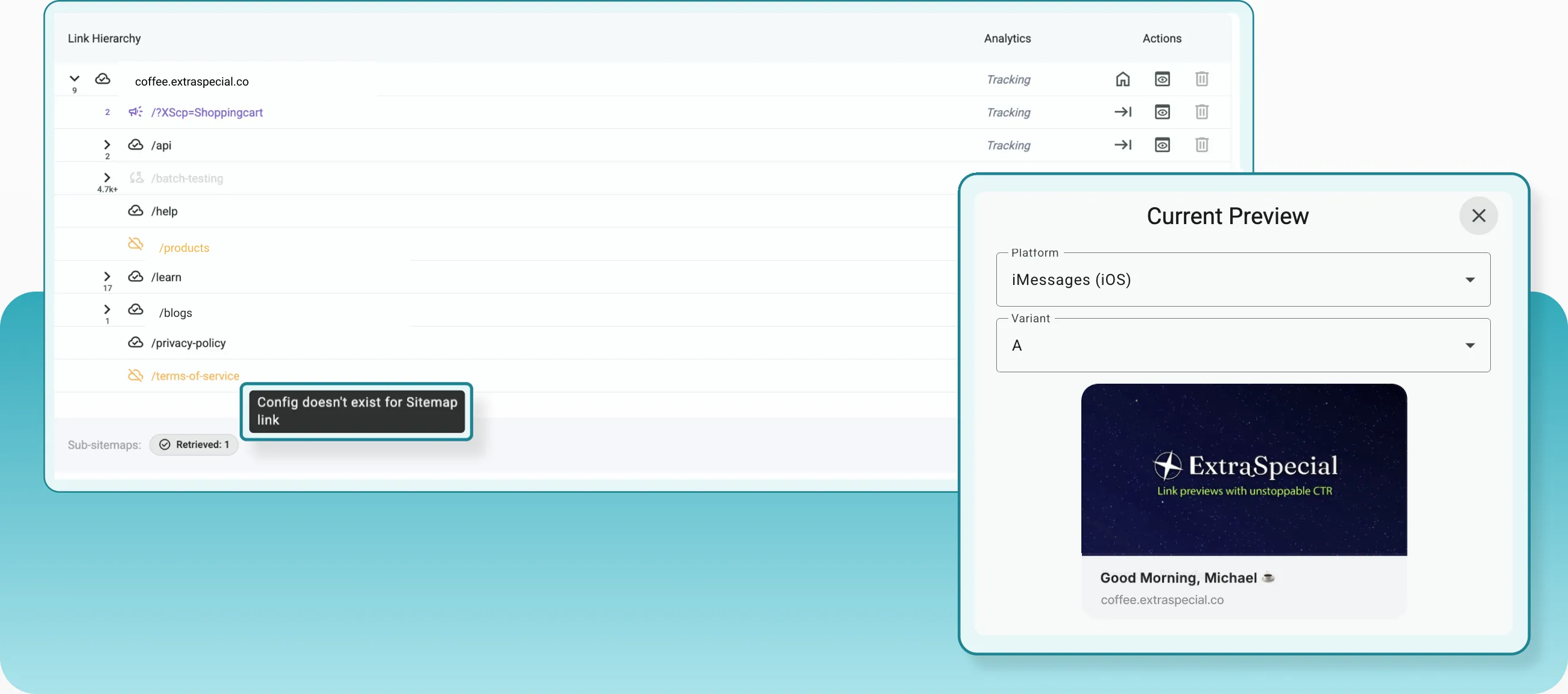 The Hyperlinked coverage view: a link hierarchy with tracking status beside a current-preview inspector.