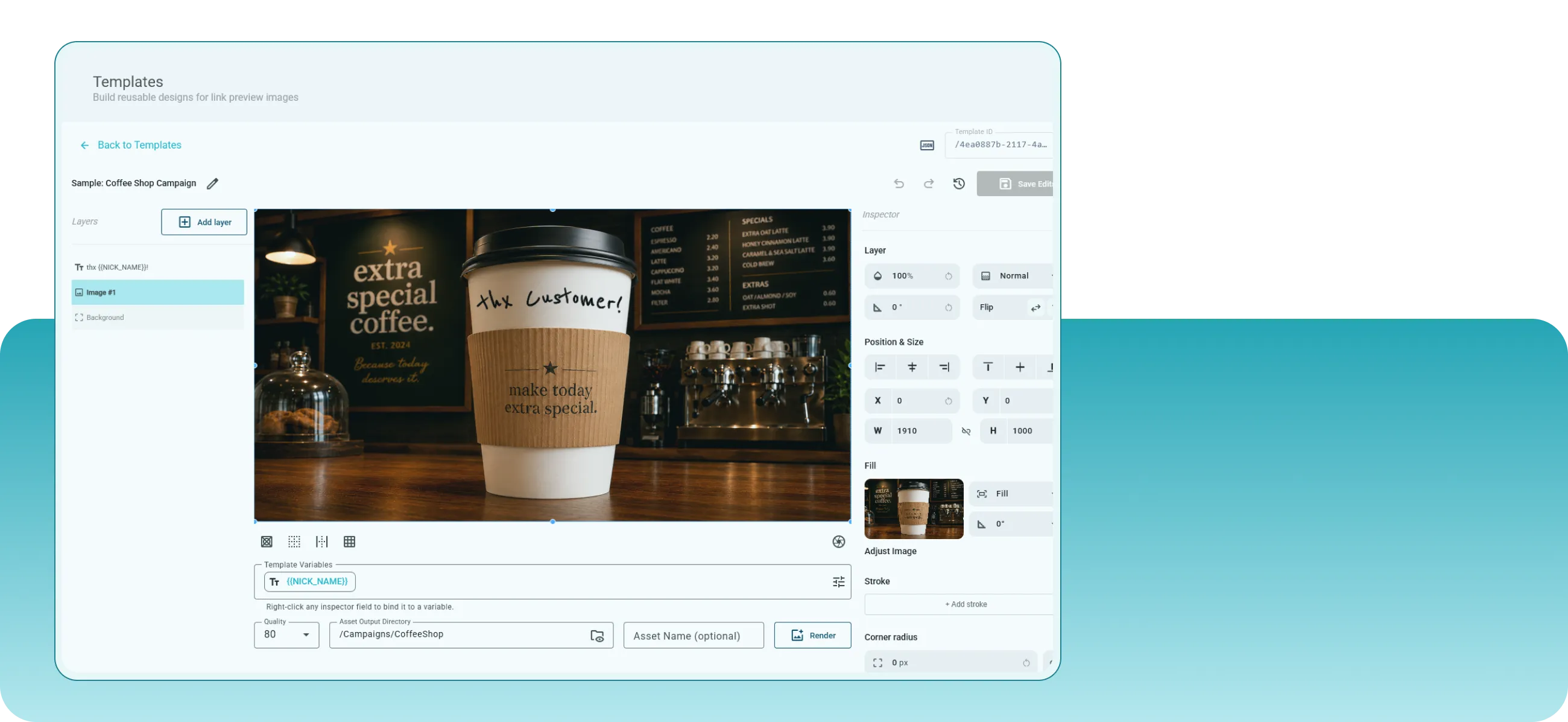 The Hyperlinked templates workspace with a campaign template open and a detail card floating above it.